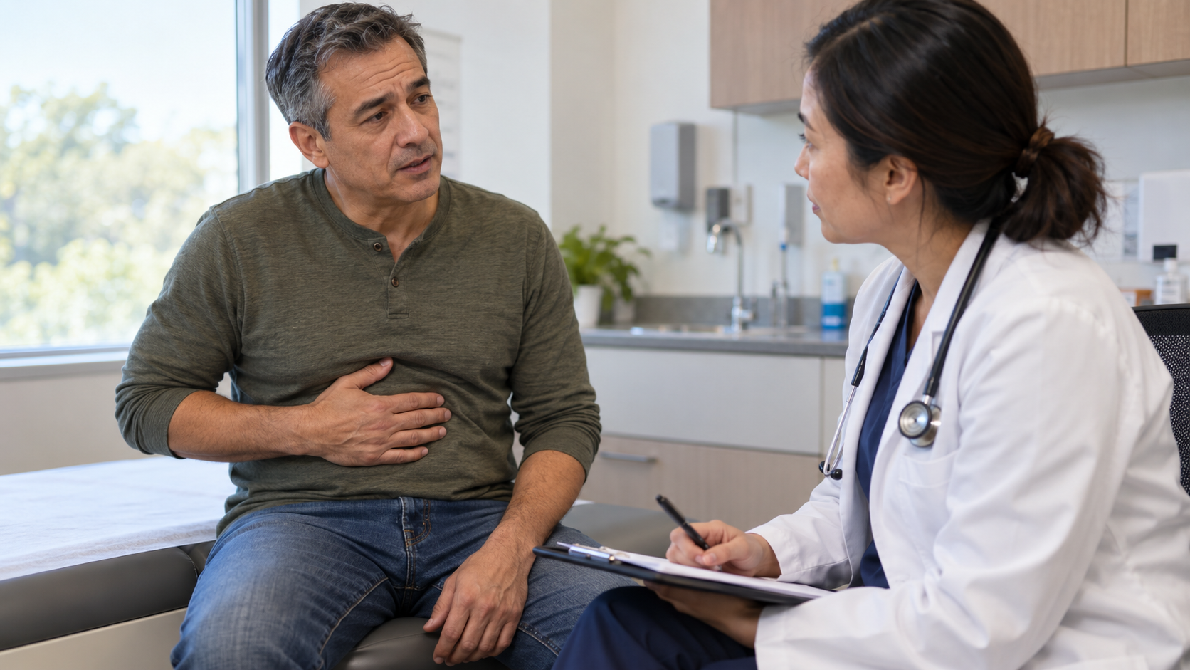 A patient discusses upper abdominal discomfort with a doctor in a bright consultation room.