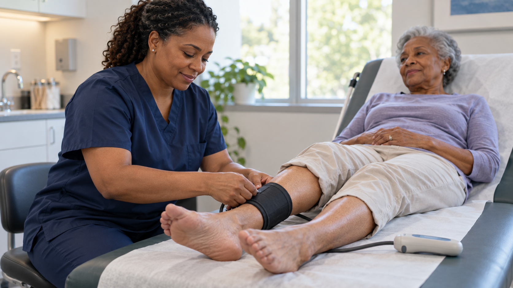 A nurse positions a blood pressure cuff around an older woman’s ankle during a vascular assessment.