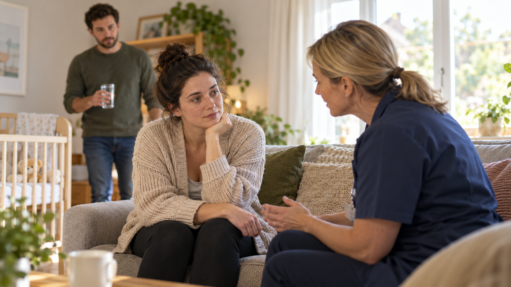 A new mother talks with a health visitor on a sofa while her partner brings water nearby.