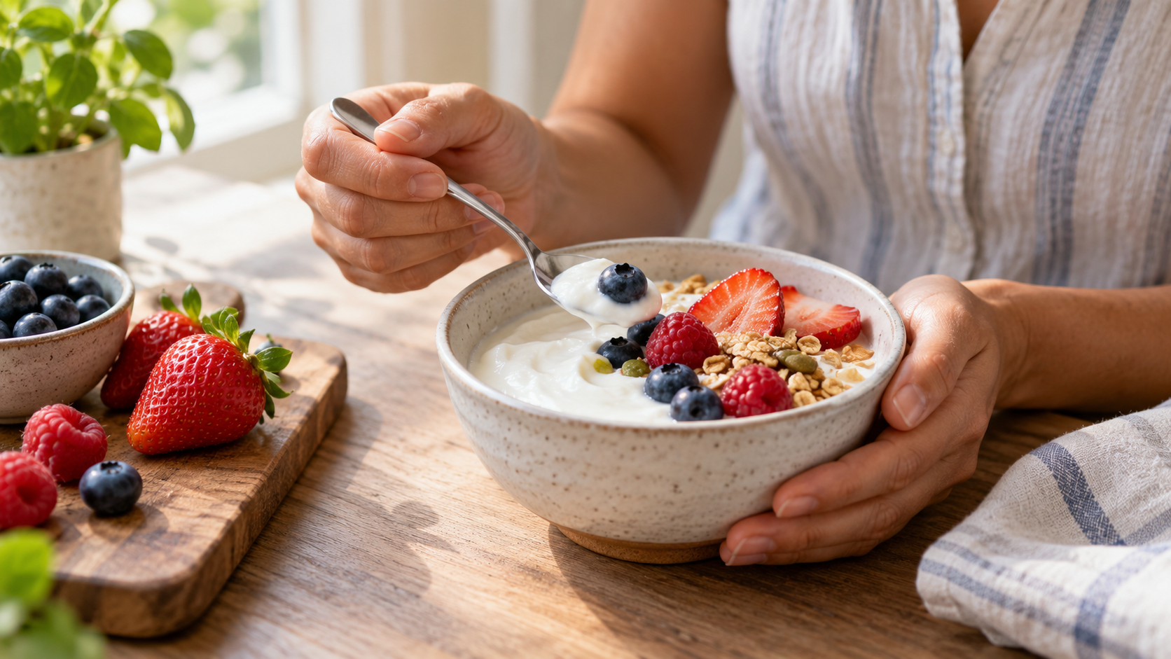A person holds a ceramic bowl of yogurt and fruit beside a sunny kitchen window.
