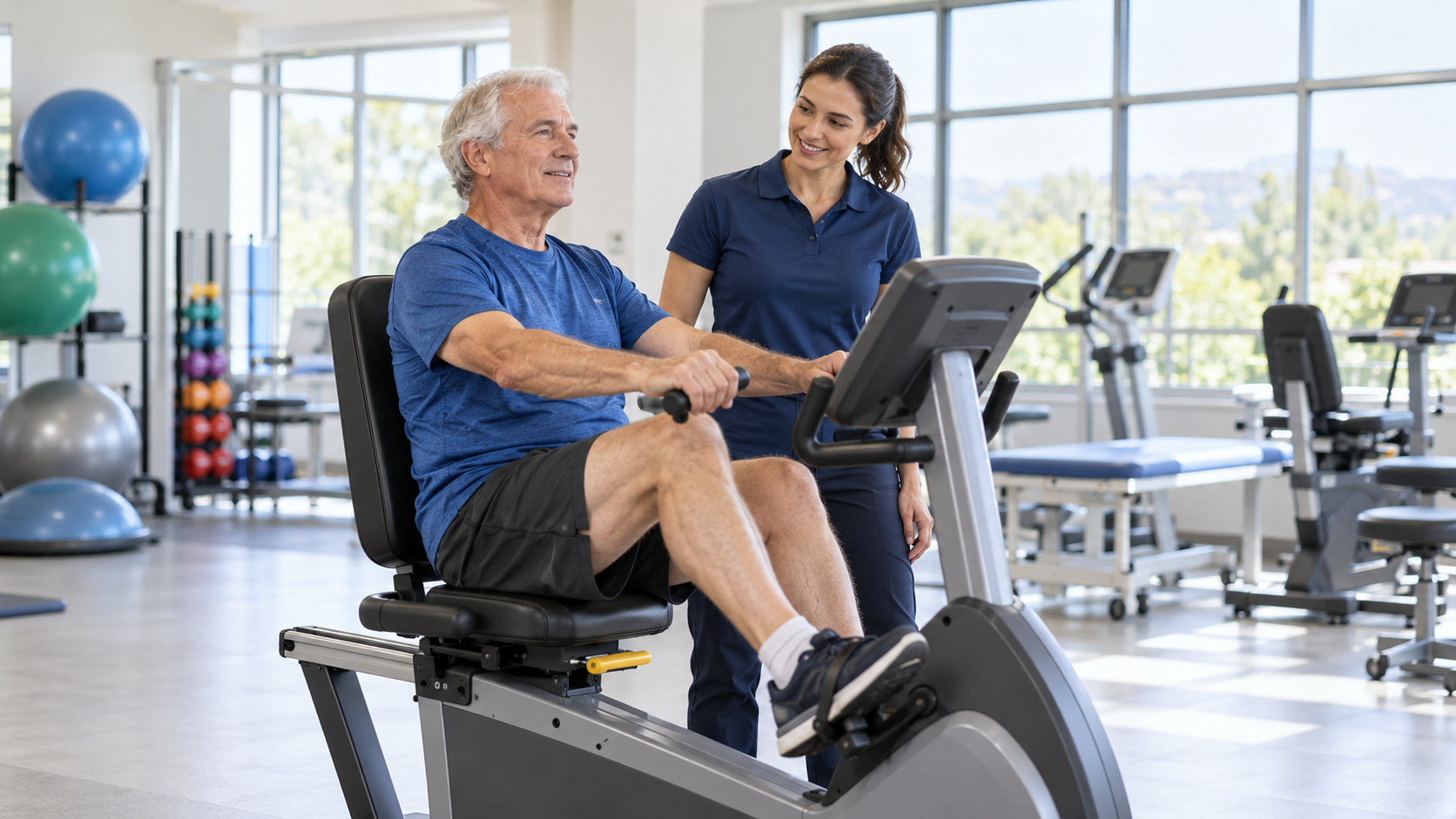 An older man exercises on a stationary cycle while a physiotherapist supervises in a bright gym.