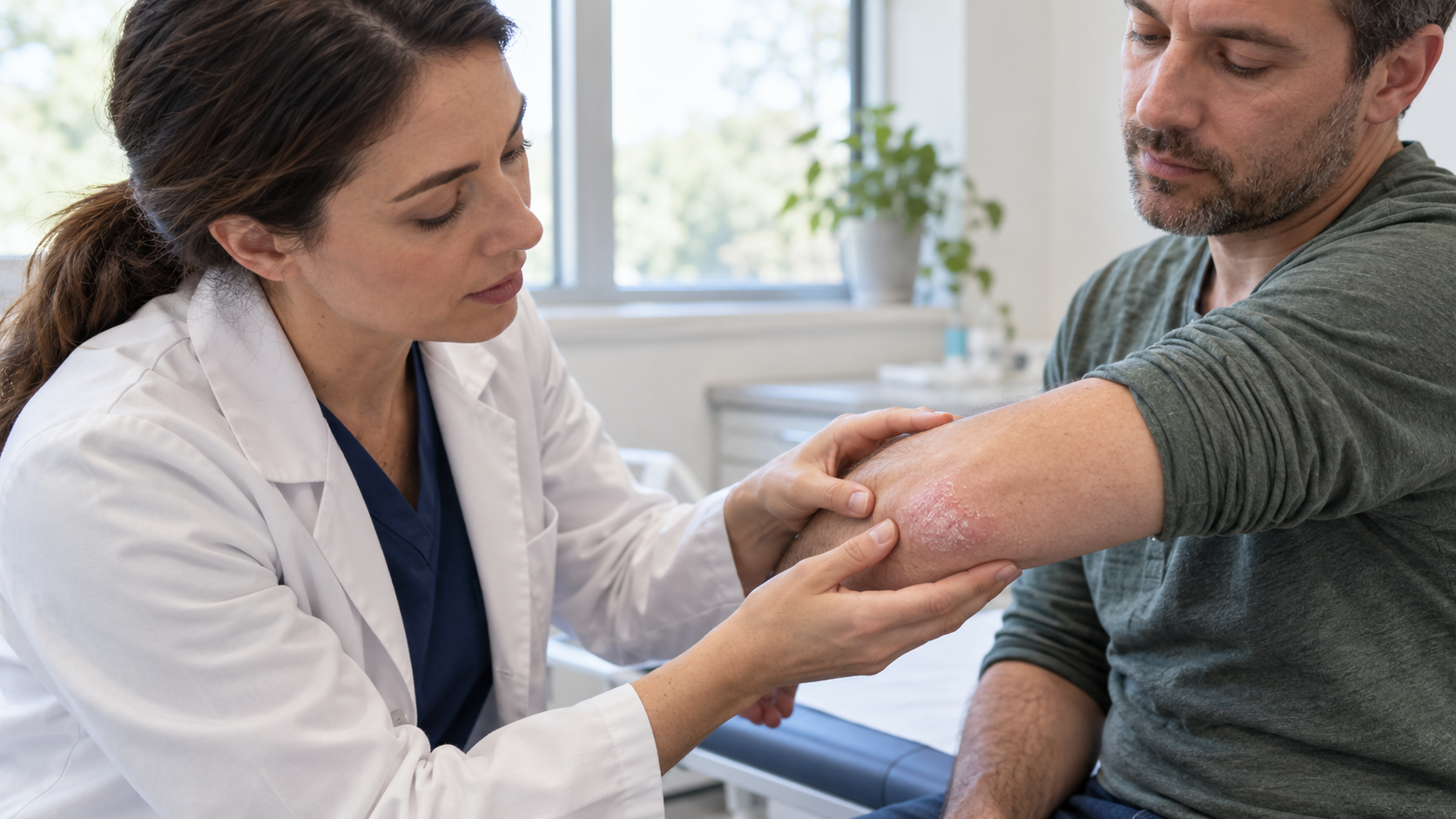 A dermatologist assesses a small dry scaly patch on an adult patient’s elbow.
