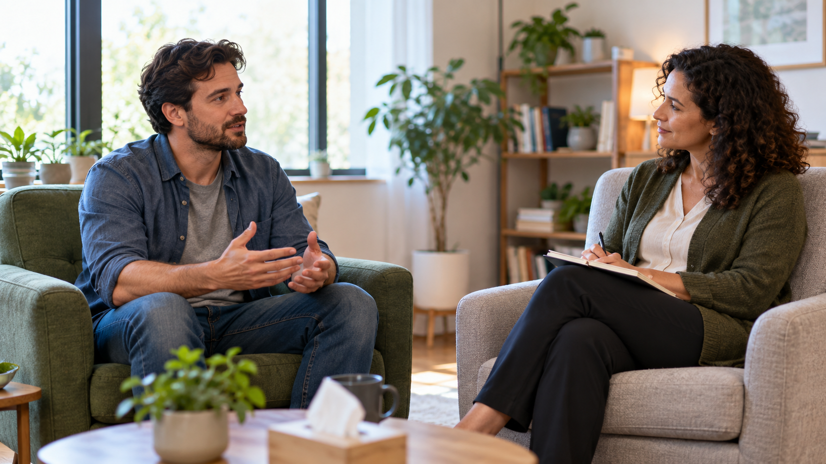 A civilian man talks thoughtfully with a therapist in a comfortable room lit by daylight.