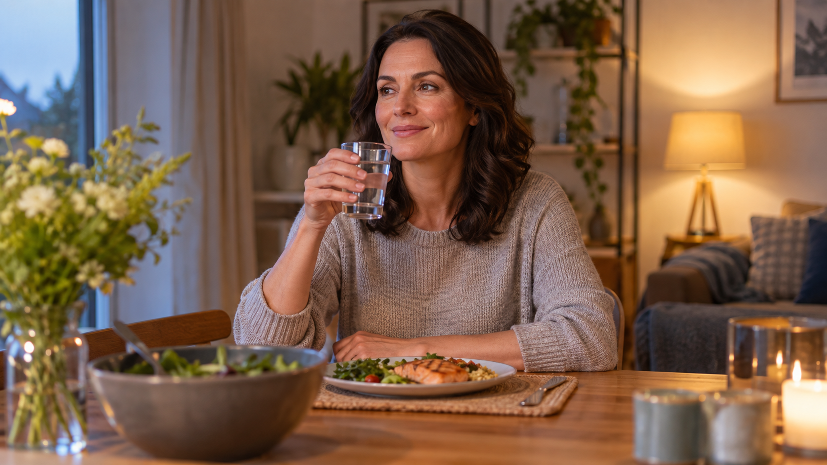 An adult sits upright at a dining table after a modest evening meal.
