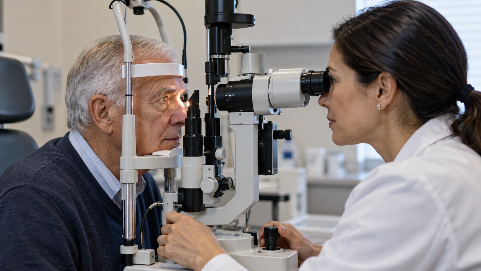An ophthalmologist examines an older adult using a slit lamp in an eye clinic.