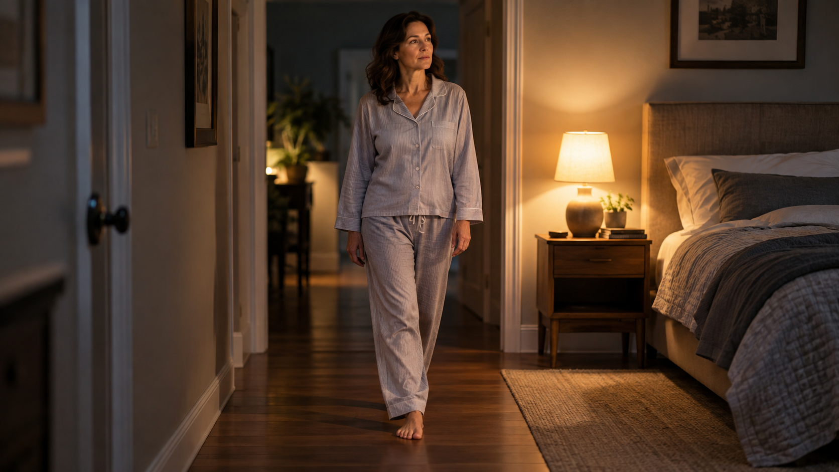 An adult in comfortable pajamas walks gently near a bedroom at night.