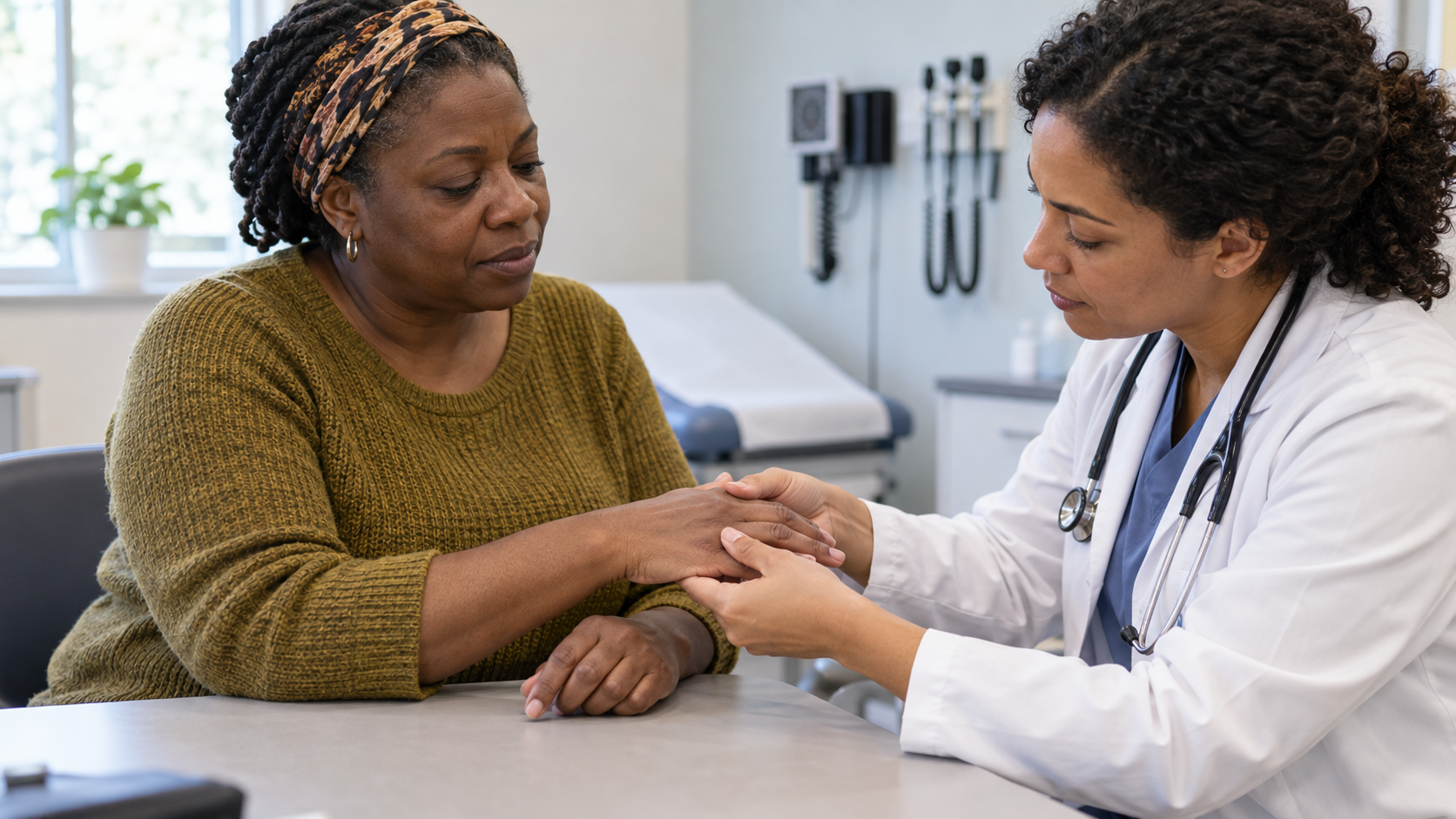 A clinician gently examines a woman’s hands across a clinic table.