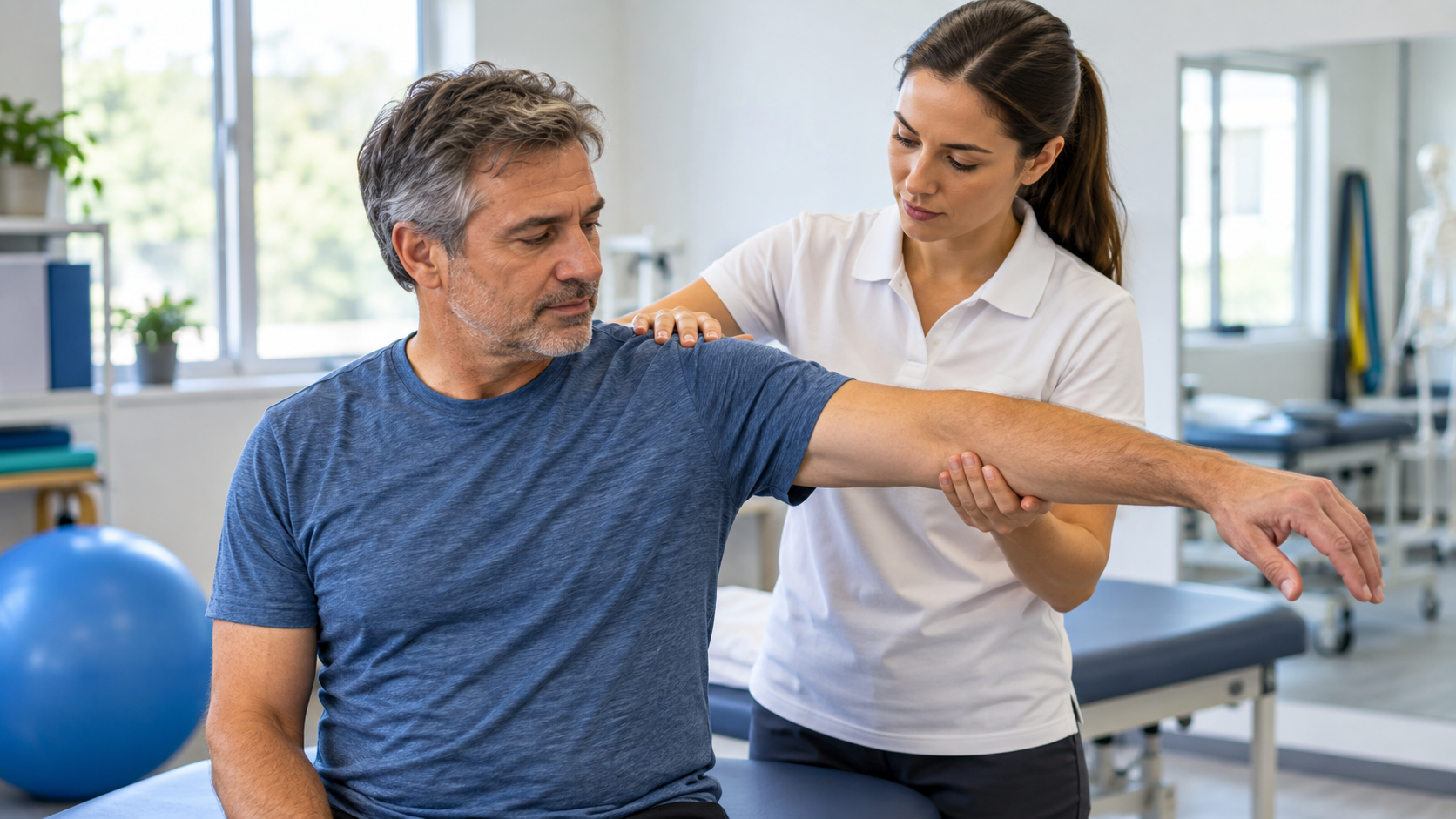 A physical therapist assesses a seated man’s shoulder movement in a rehabilitation clinic.