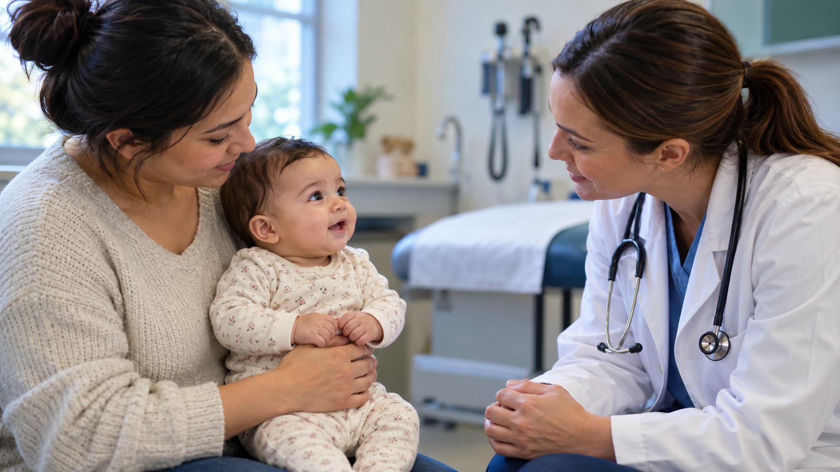 A parent holds an awake infant during a calm consultation with a pediatric clinician.