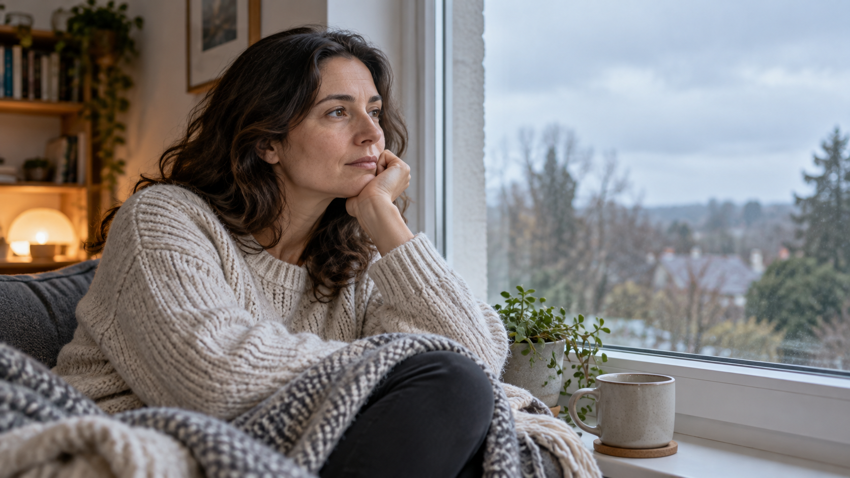 A thoughtful adult sits beside a bright window on an overcast day.