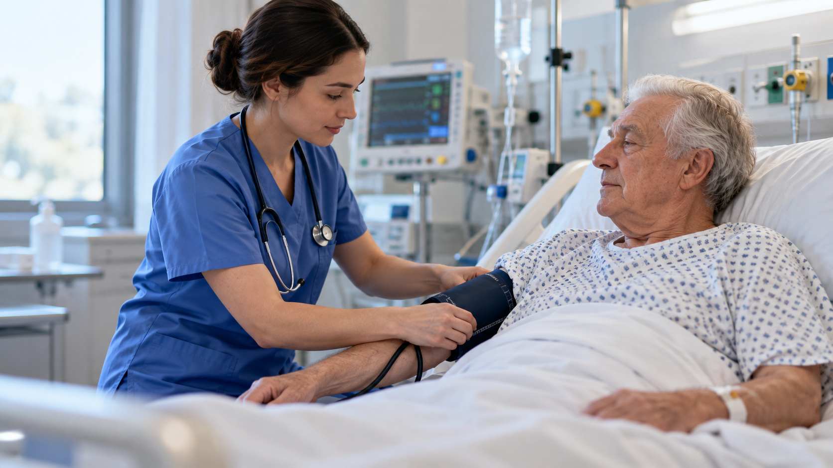 A hospital nurse checks an older patient’s blood pressure at the bedside.