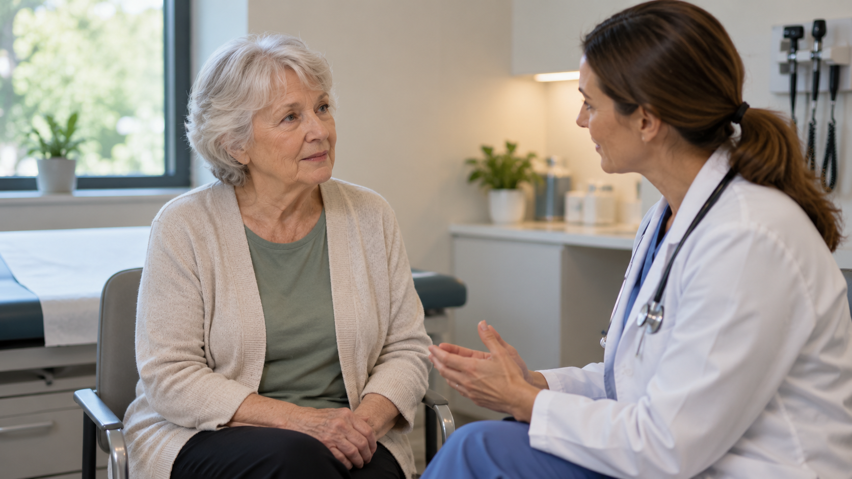 An older woman discusses symptoms with a clinician in a private consultation room.