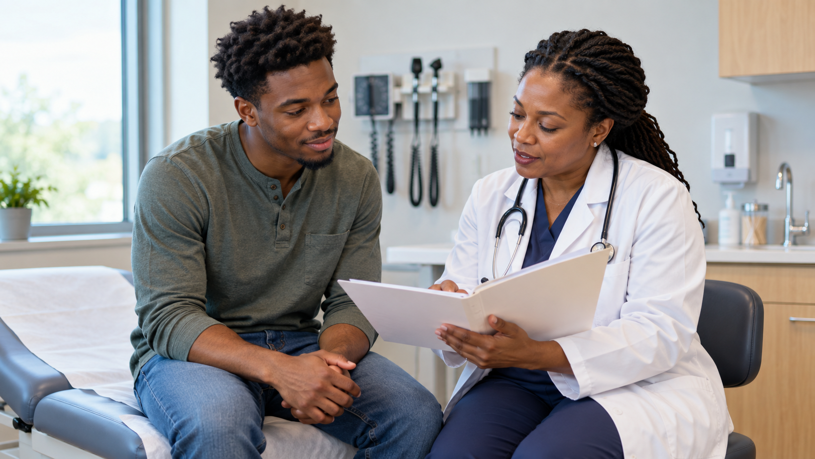A young adult man and a hematologist discuss a care plan in a bright clinic.