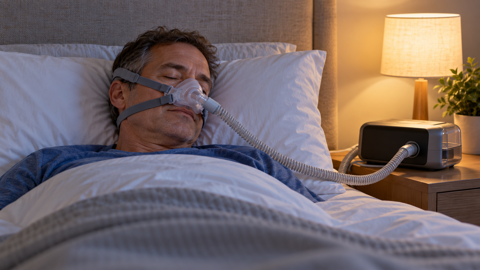 An adult rests in bed wearing a nasal CPAP mask connected to a bedside device.