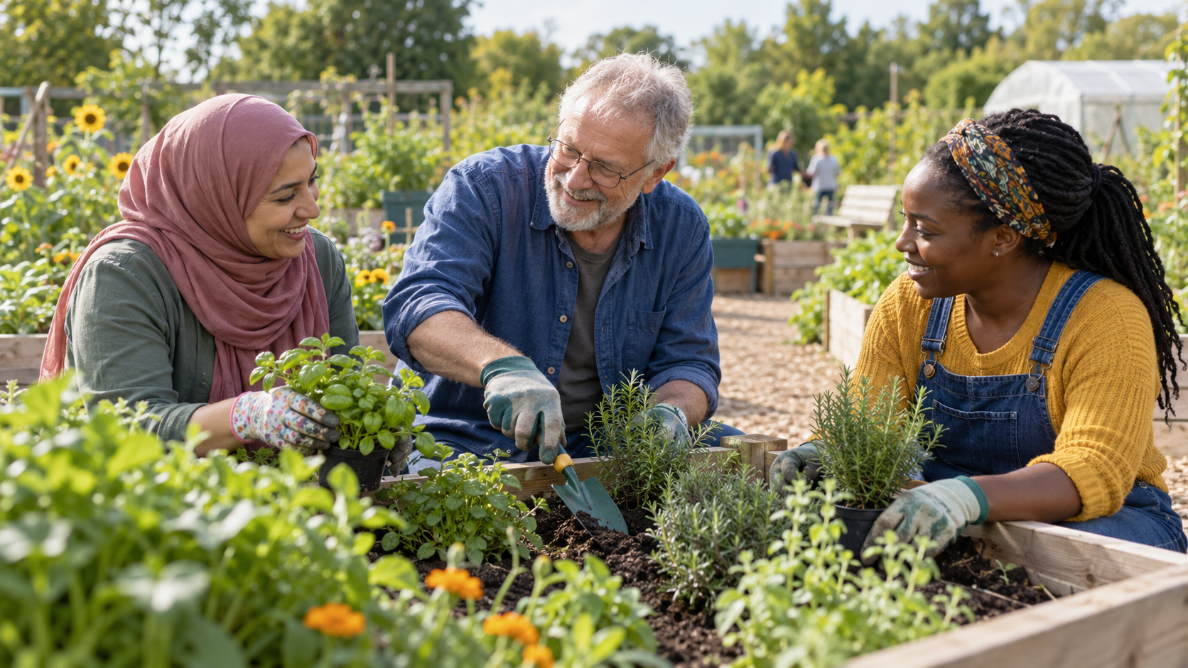 Three adults garden together at raised beds in a community garden.