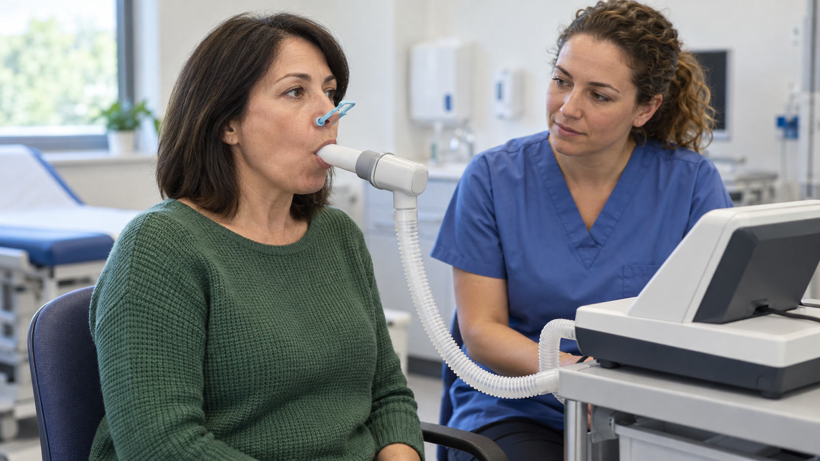 A seated woman performs a spirometry test with a nose clip while a respiratory technician supervises.