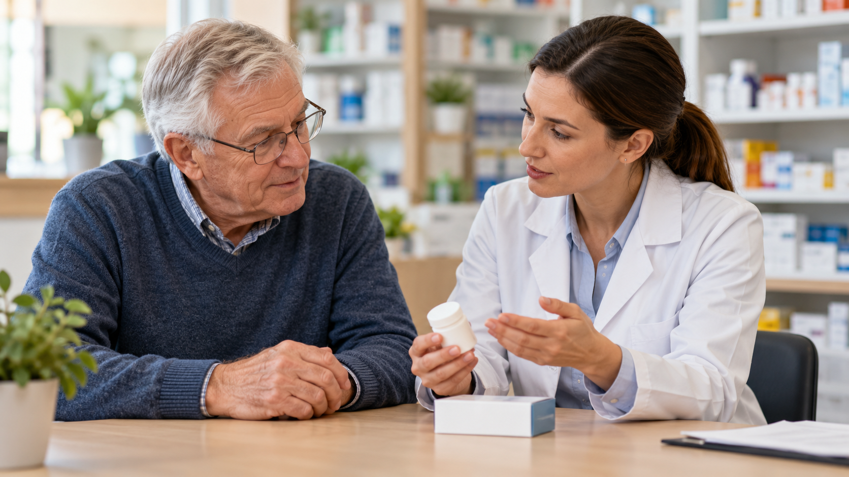 An older adult discusses a plain medicine container with a pharmacist at a consultation table.