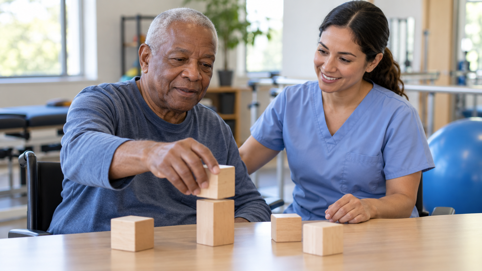 An older adult practices a tabletop reaching exercise with wooden blocks and a rehabilitation therapist.