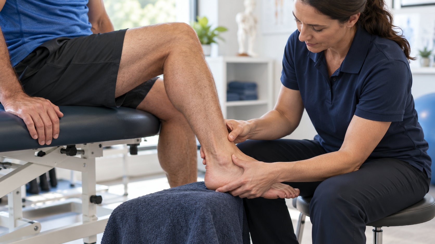 A physiotherapist gently assesses the back of a seated adult’s ankle in a rehabilitation clinic.