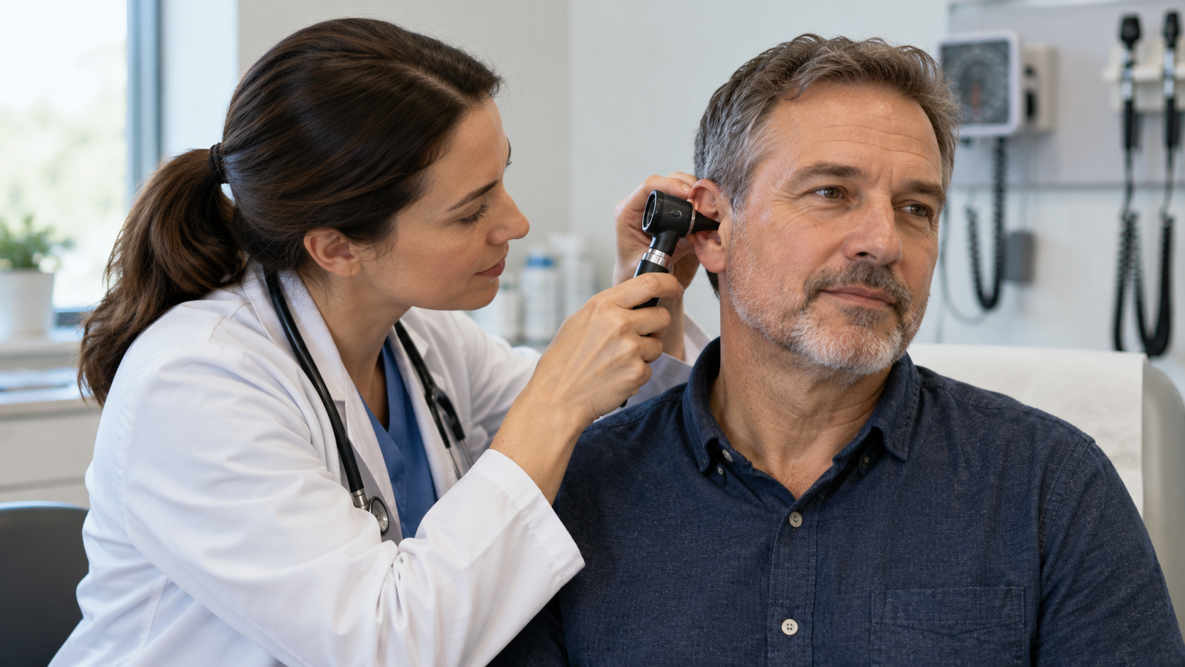 A clinician examining a man's ear with an otoscope