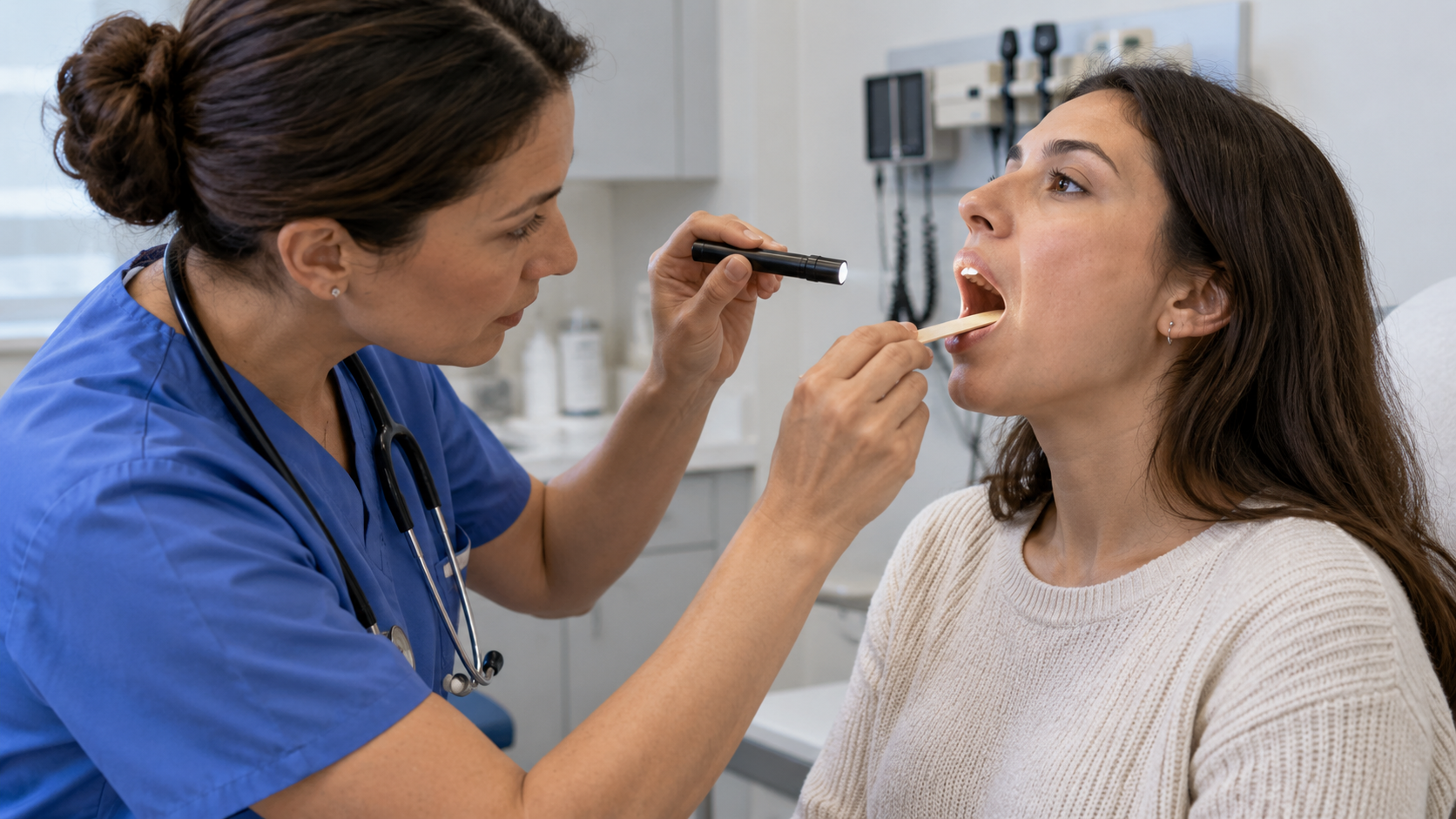 A clinician checking an adult patient’s throat with a light and tongue depressor