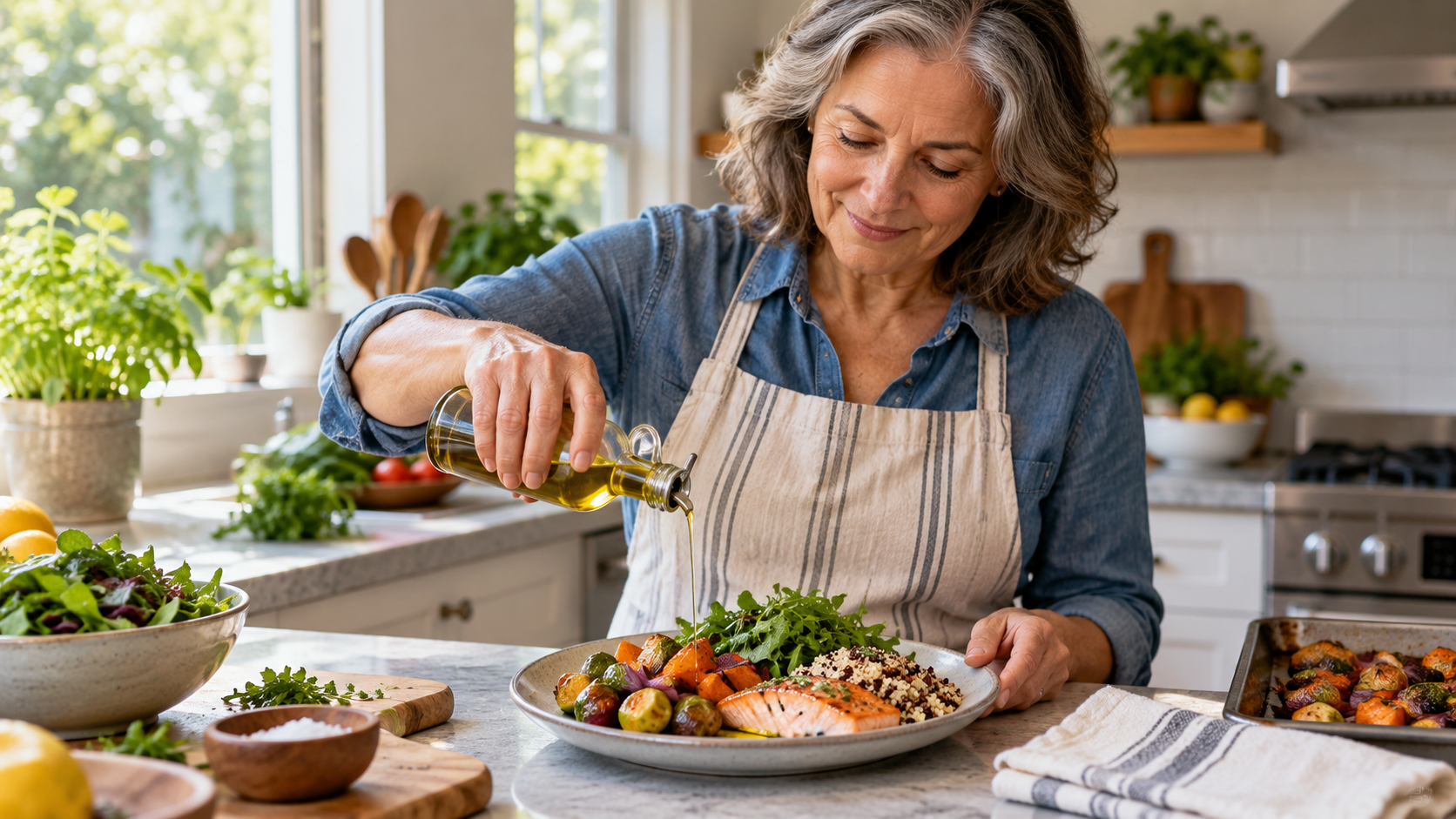 A woman preparing vegetables, whole grains and fish in her home kitchen