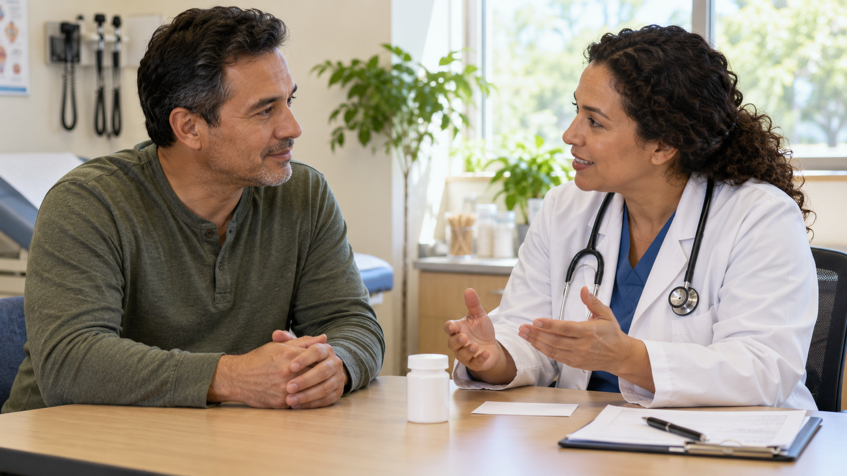A public health clinician discussing a treatment plan with an adult patient