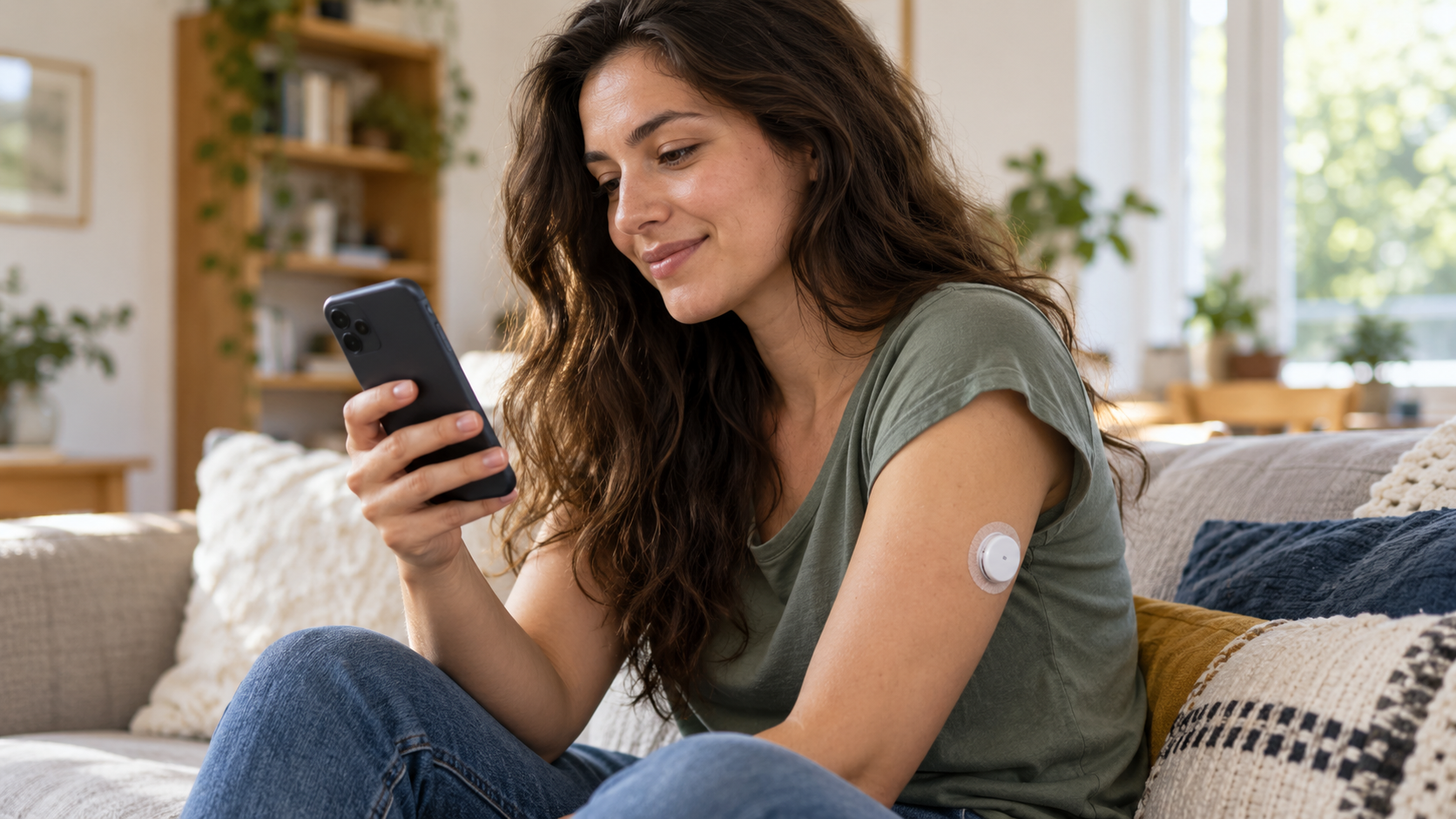 A young adult checking a phone while wearing a glucose sensor on her upper arm