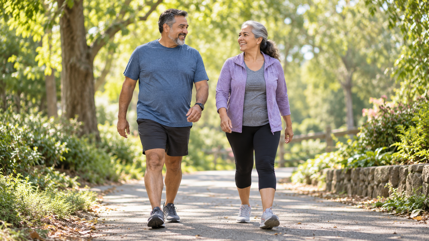 Two middle-aged adults walking together on a leafy park path