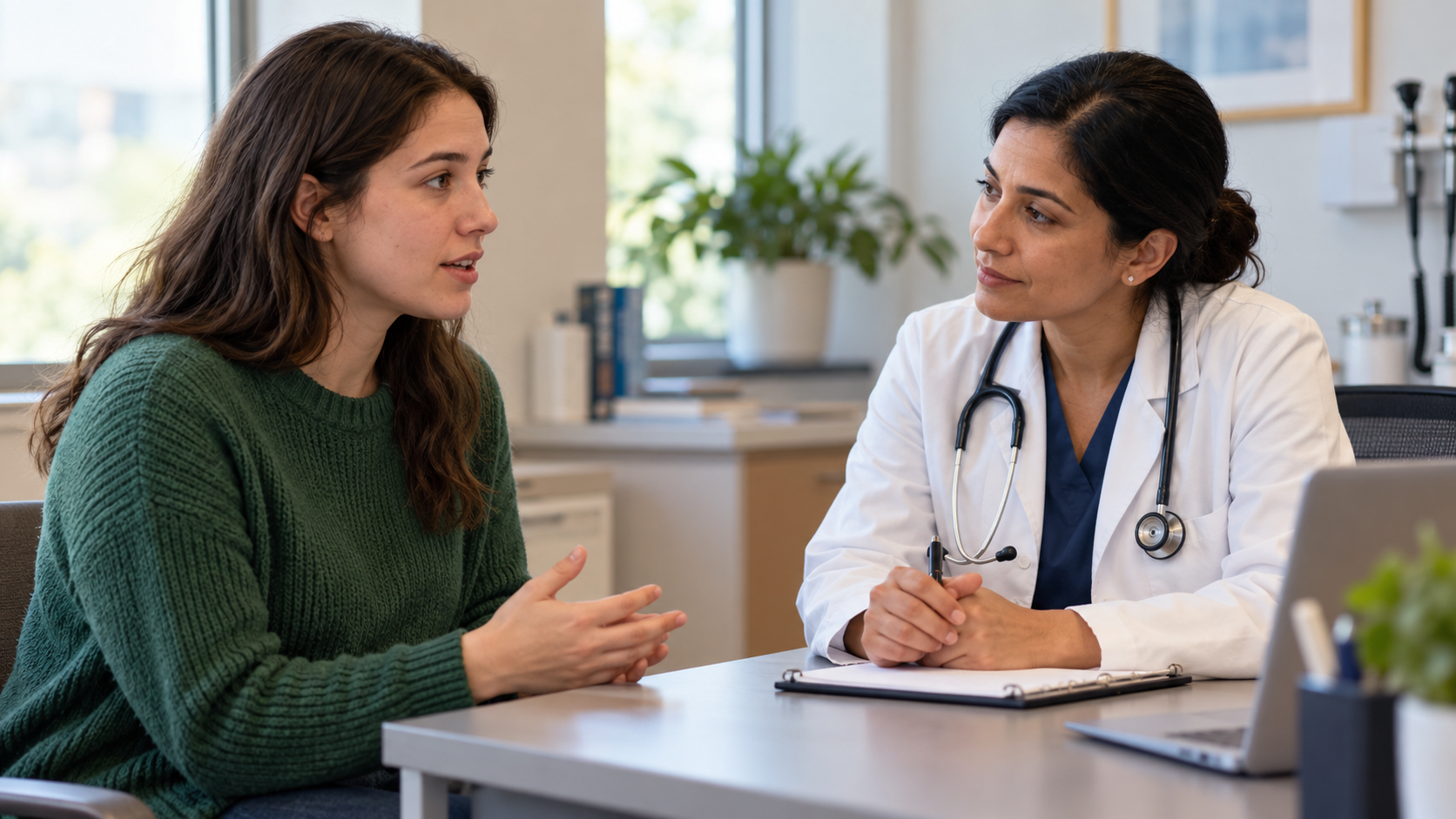 A young adult discussing digestive symptoms with a clinician