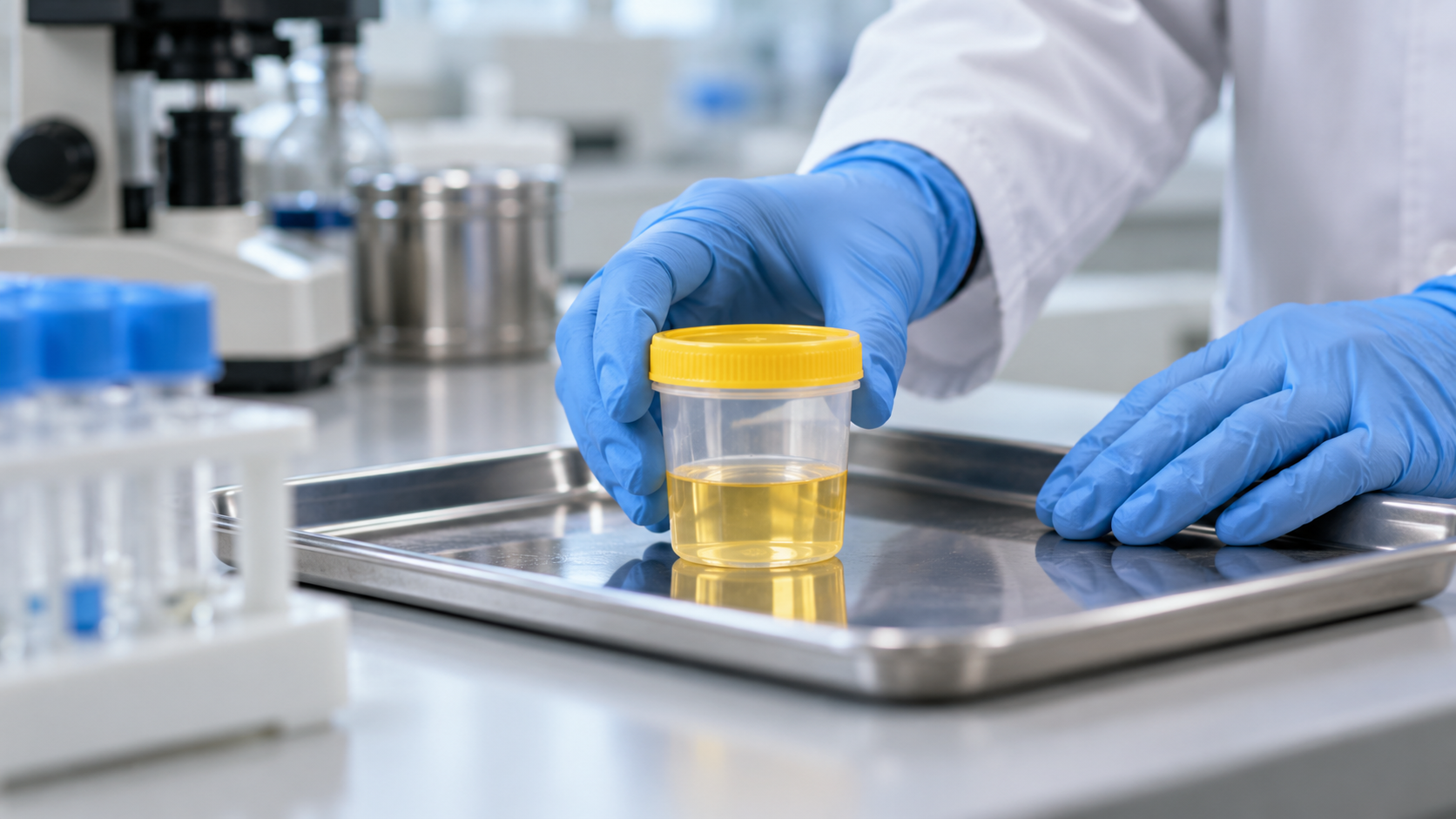 Gloved laboratory hands handling a closed urine sample container