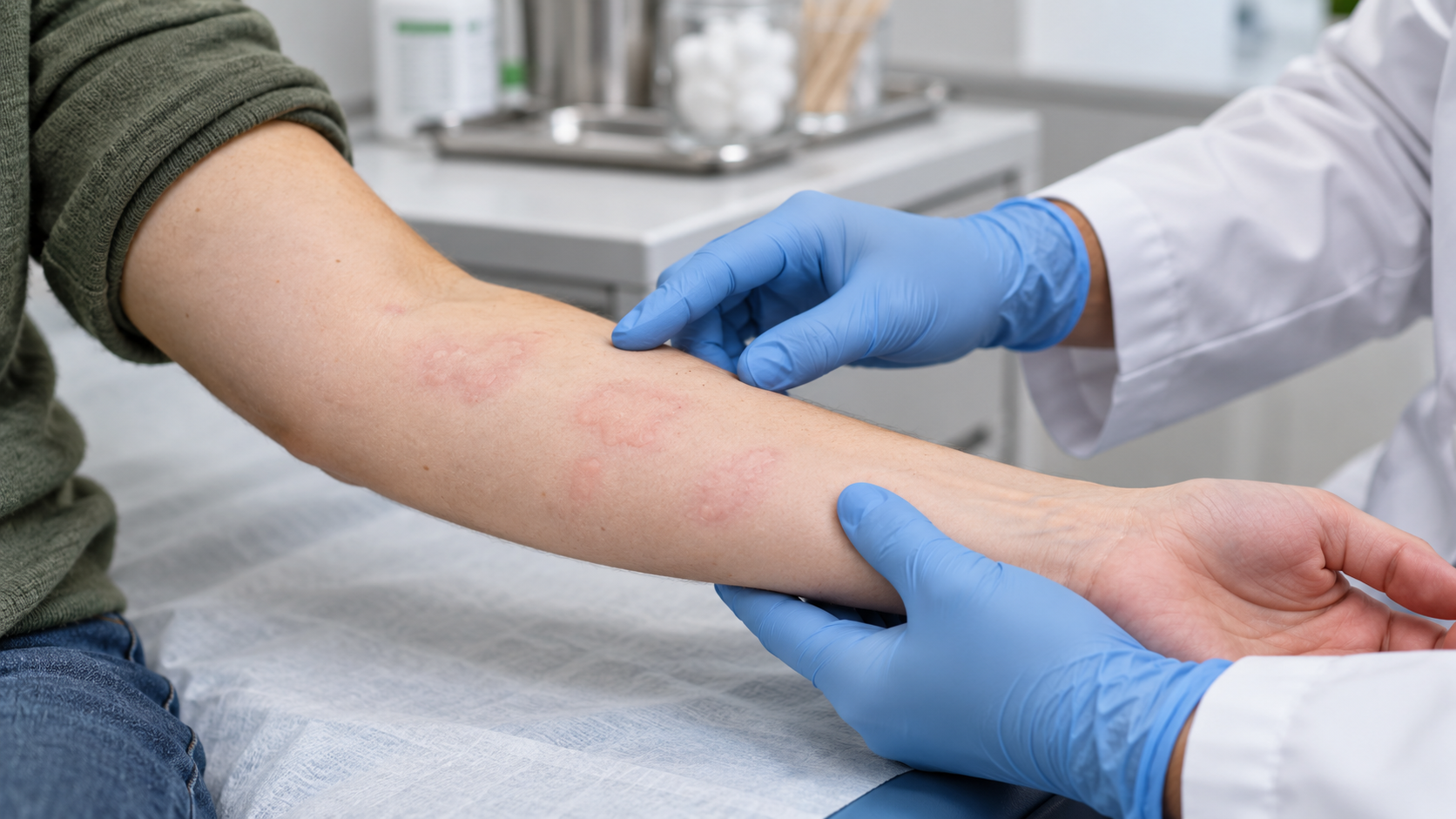 A dermatologist examining mild raised patches on an adult forearm