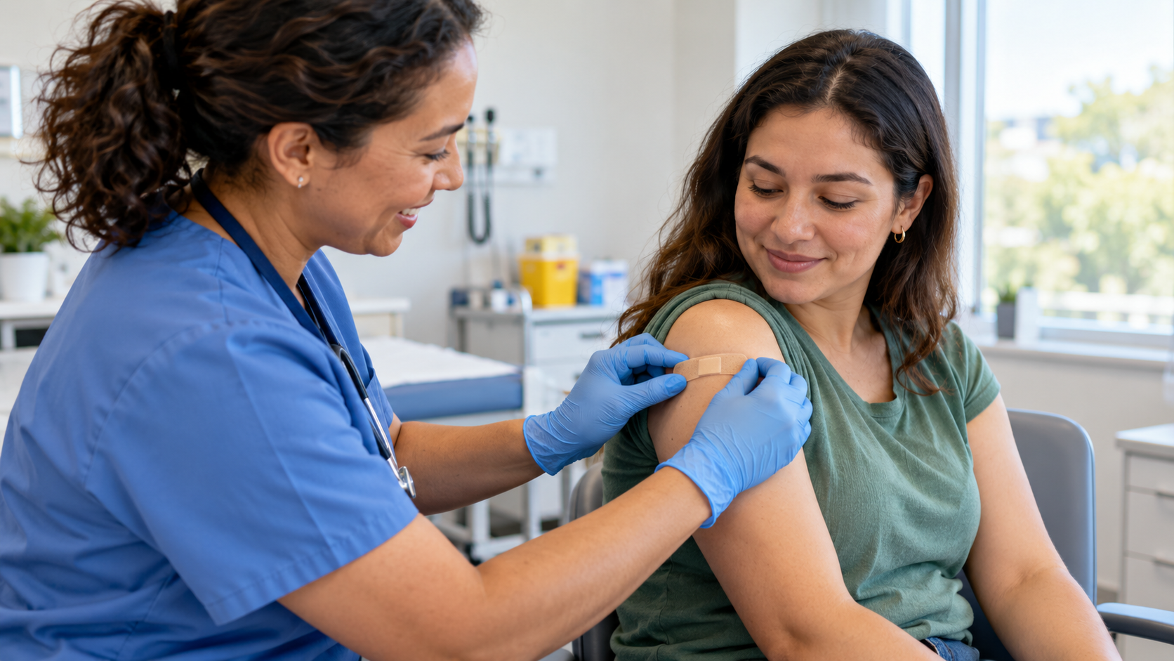 A nurse placing a small bandage on an adult patient’s upper arm after vaccination