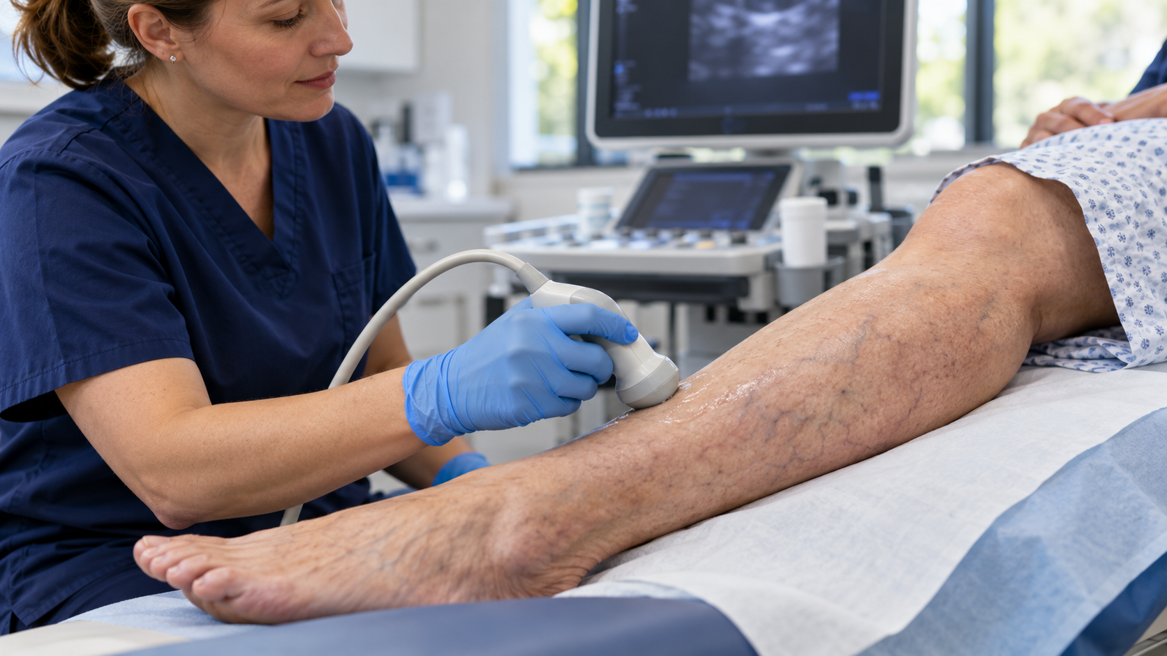 A clinician using an ultrasound probe on an older adult’s lower leg