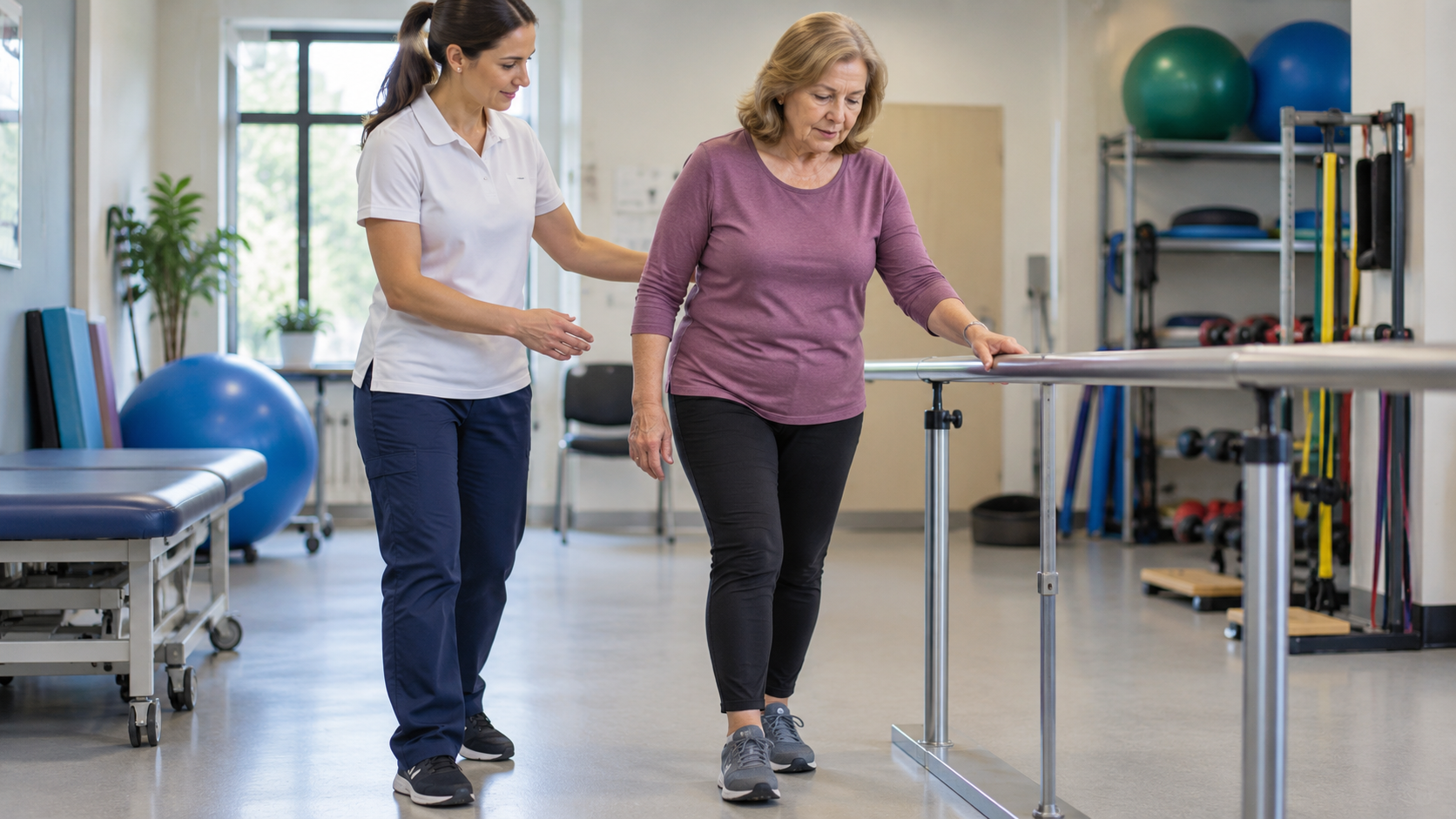 A physiotherapist supervising a woman’s balance exercise beside a handrail
