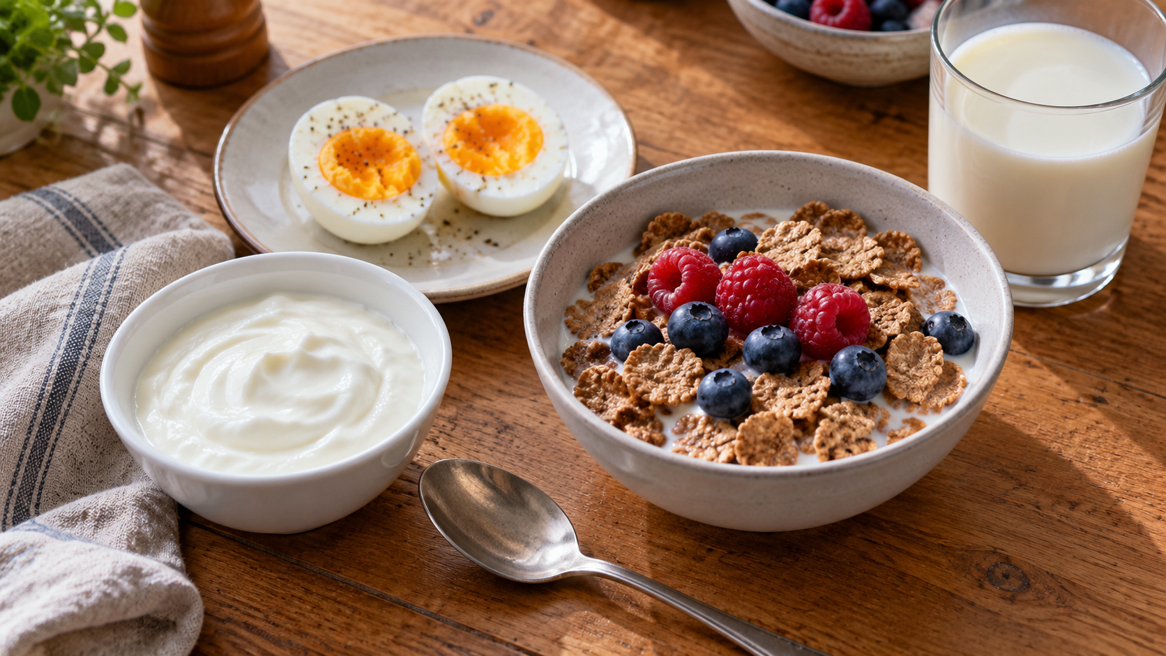 Eggs, yogurt, breakfast cereal and milk arranged on a kitchen table