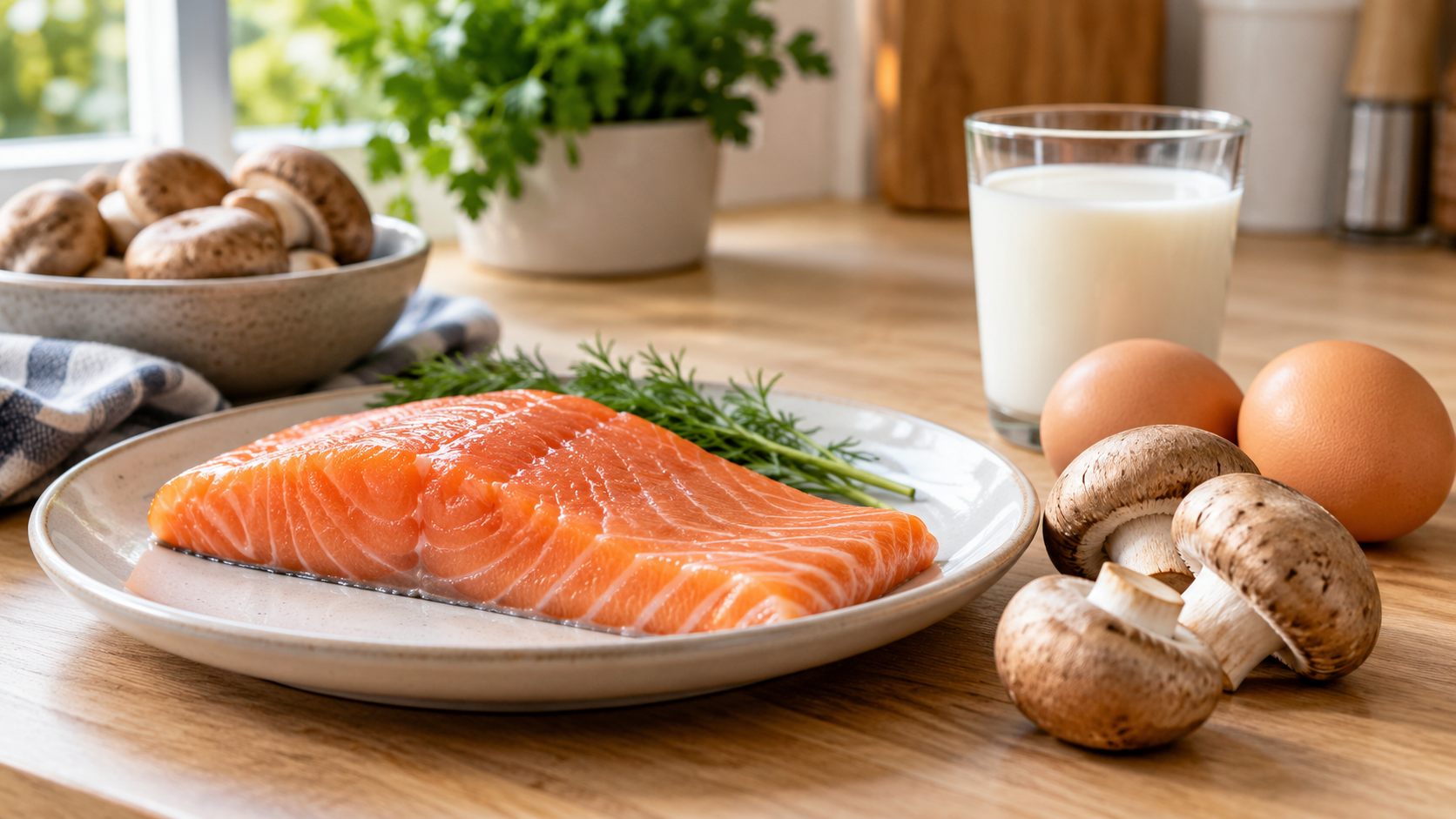 Salmon, mushrooms, eggs and a glass of milk on a kitchen counter