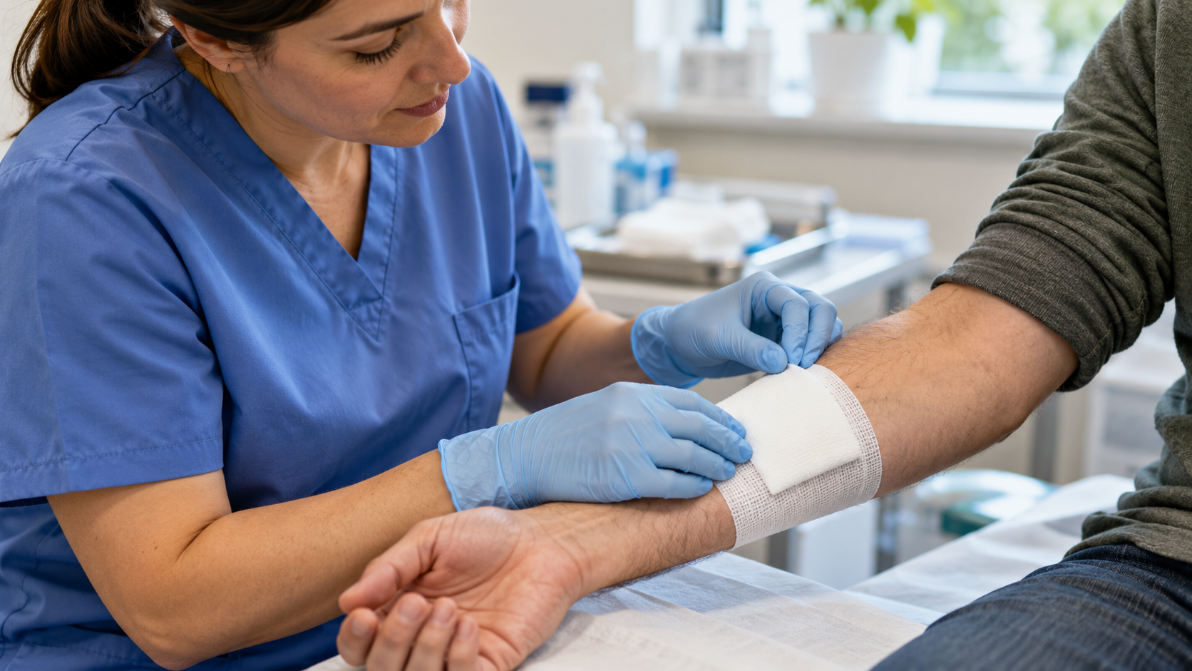 A gloved nurse applying a clean dressing to an adult patient’s forearm