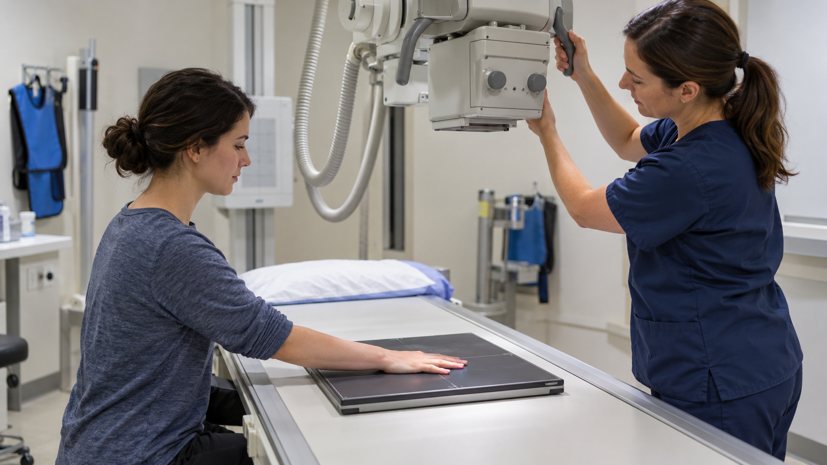 A radiologic technologist positioning an X-ray unit above a patient’s hand before imaging