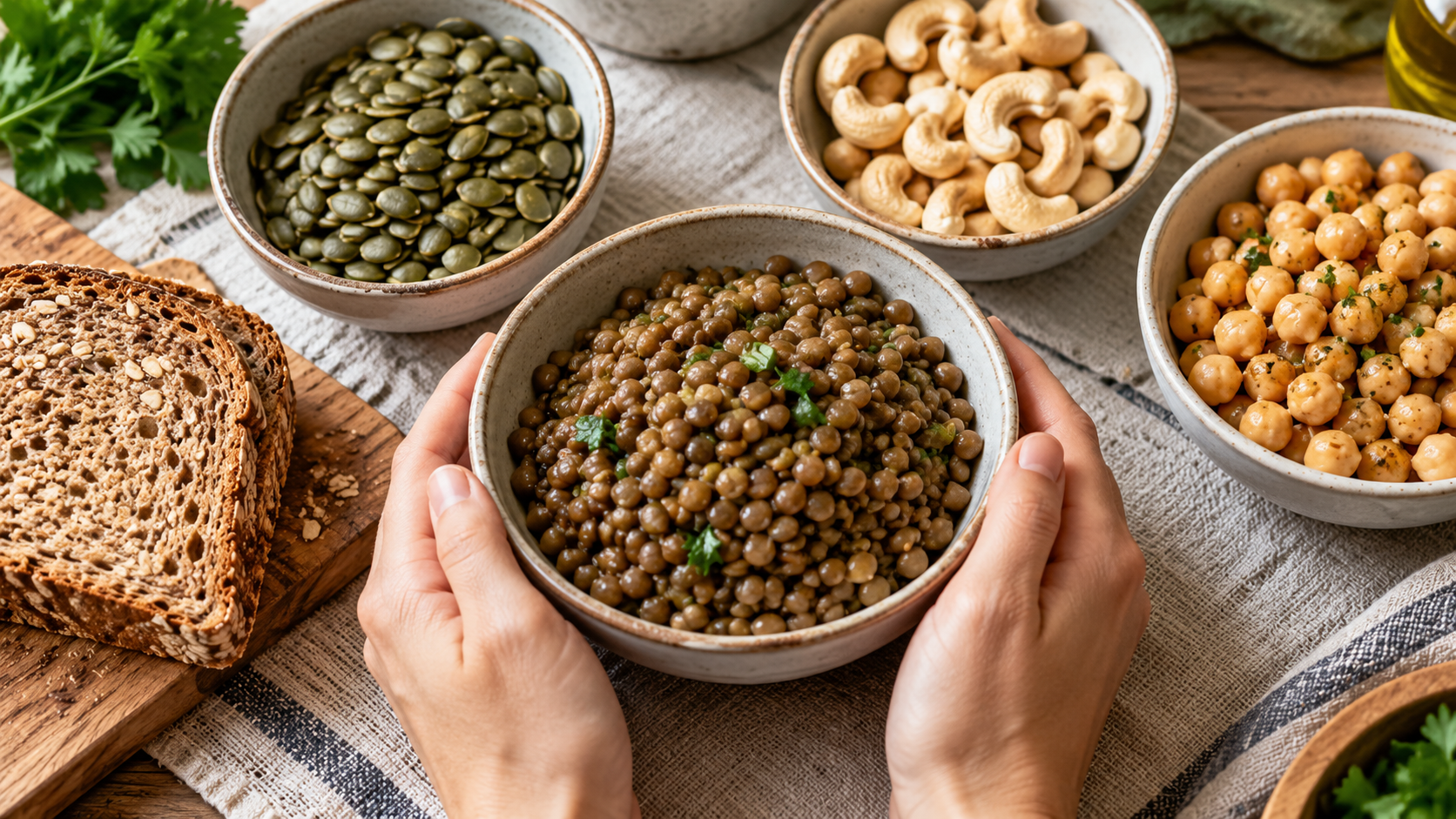 Lentils, pumpkin seeds, cashews, chickpeas and wholegrain bread on a table