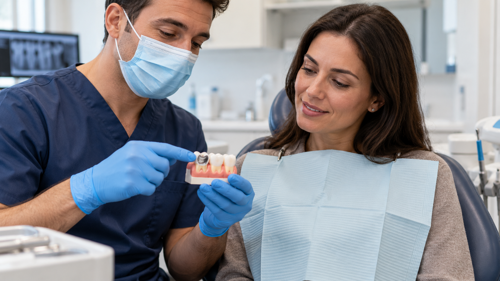 A dentist discussing a demonstration tooth model with an adult patient