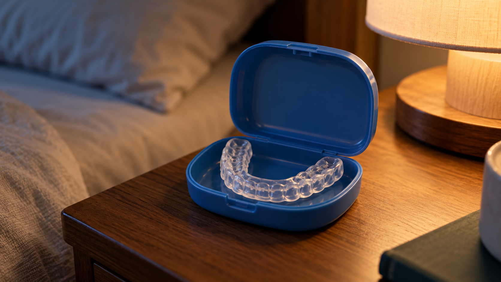 A transparent dental nightguard in an open blue case on a bedside table