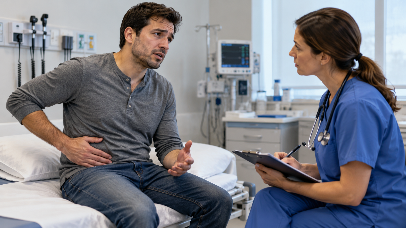 An adult man discussing lower-right abdominal pain with a clinician