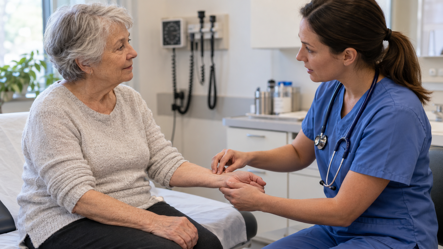 A clinician checking an older woman’s wrist pulse during a consultation