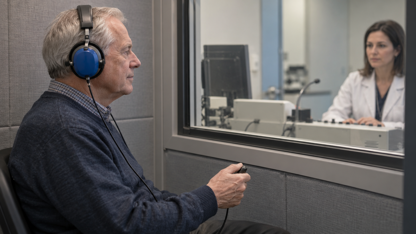 An older man wearing audiometry headphones and holding a response button in a testing booth
