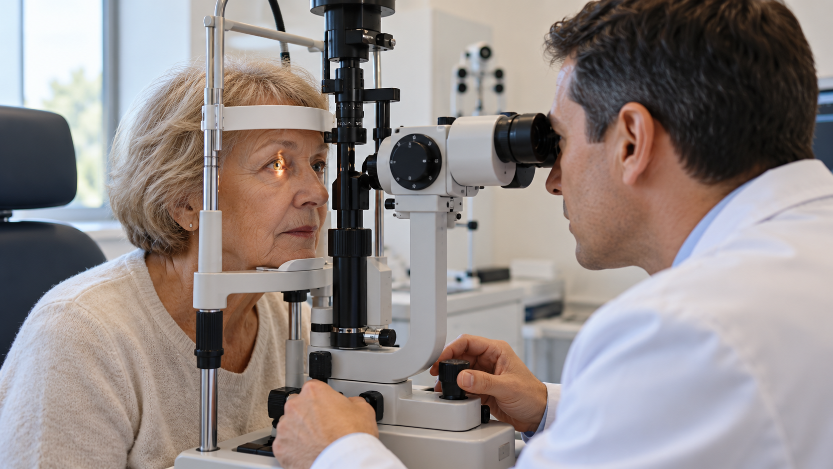 An older woman receiving a slit-lamp examination at an eye clinic