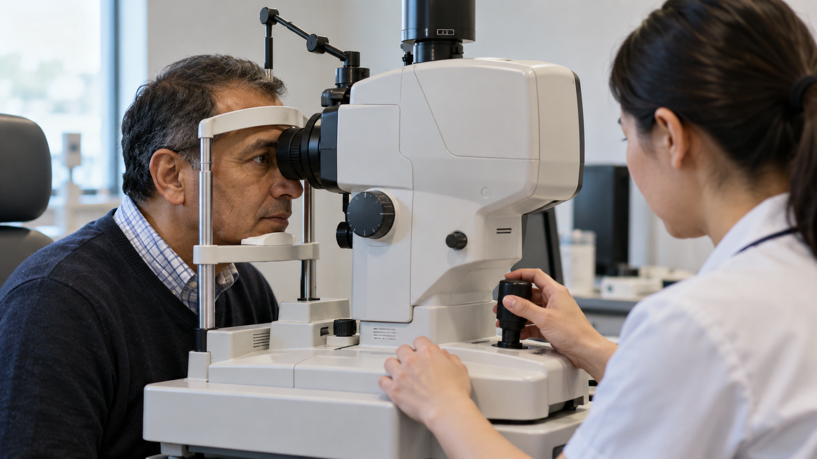 An eye professional examining a middle-aged man’s eyes at a clinic