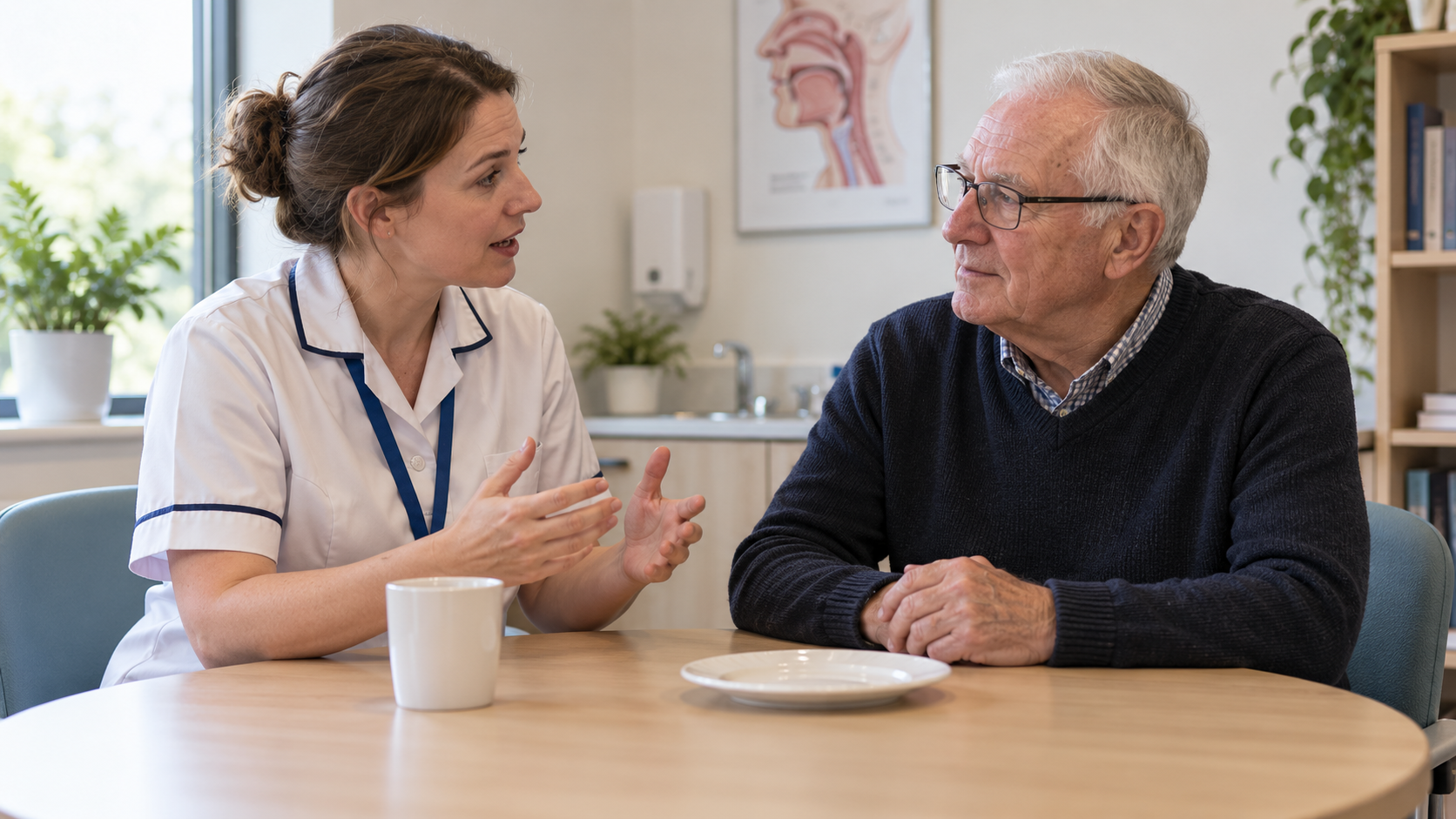 A speech-language therapist talking with an older man at a consultation table