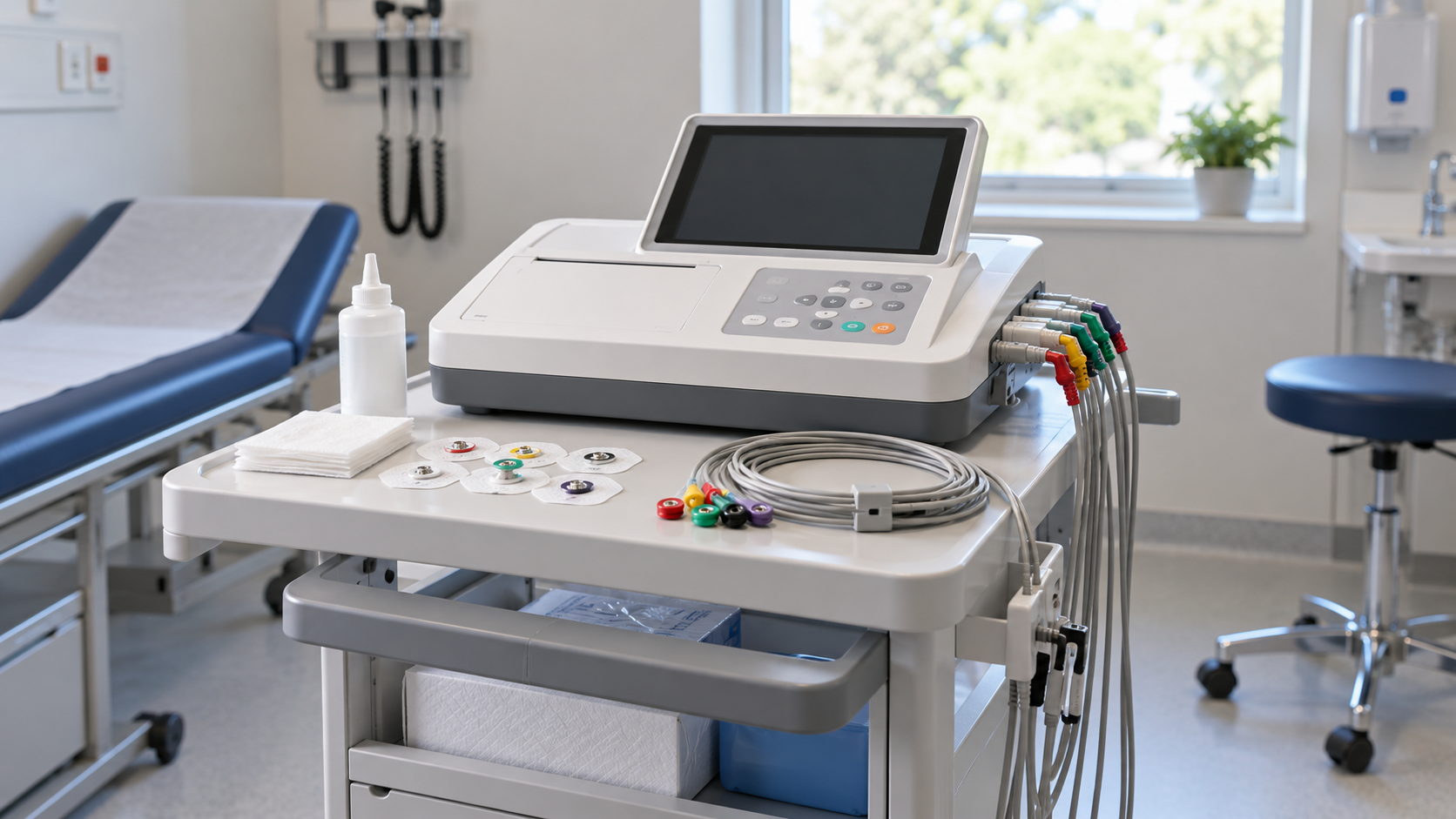 An electrocardiogram recorder with lead wires and adhesive electrodes on a clinic cart