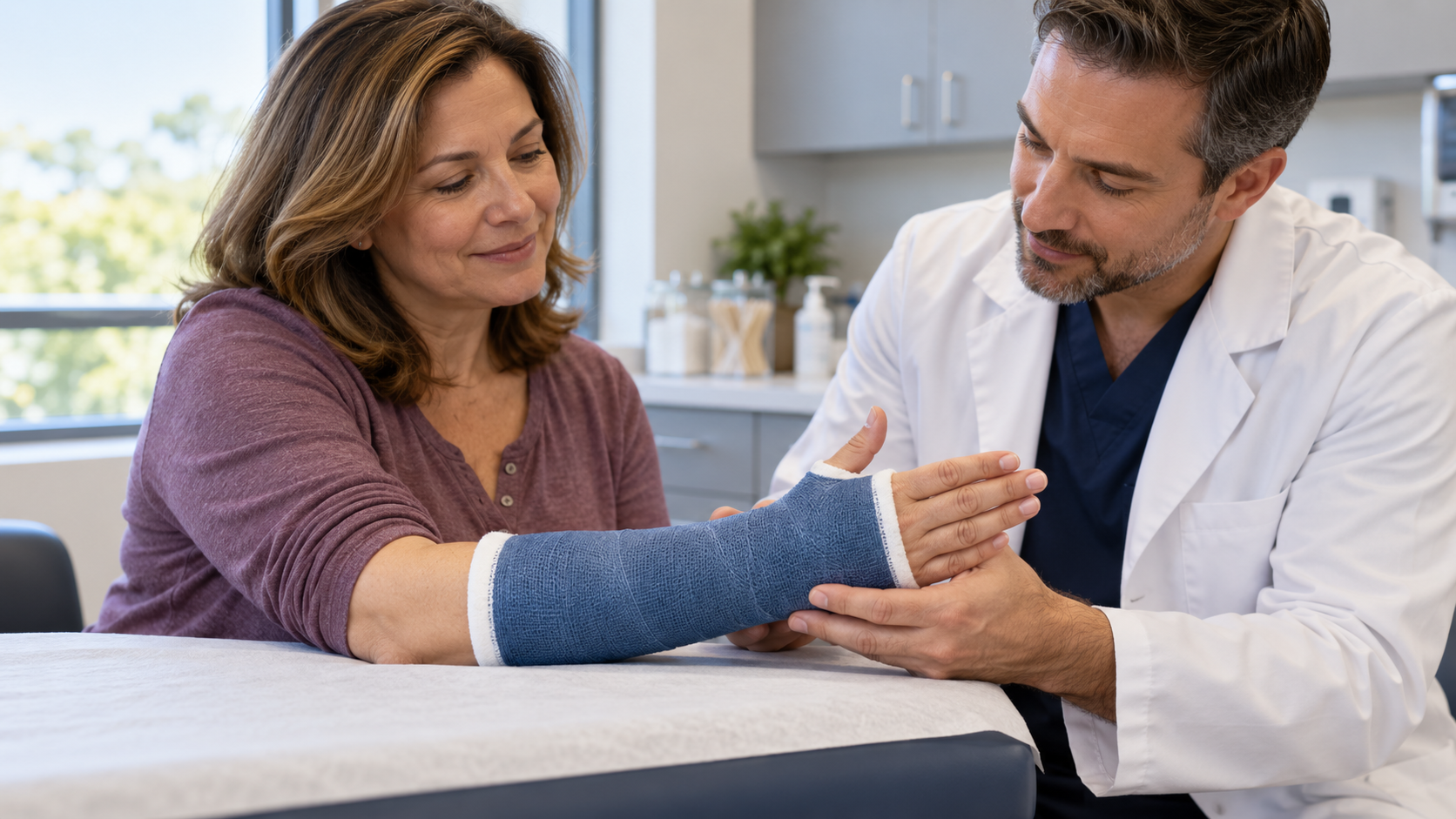 An orthopedic clinician checking a woman’s short-arm cast in a clinic